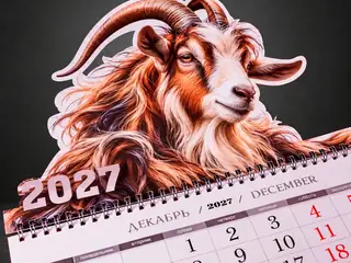 Квартальный календарь на 2027 год с фигурной головой козла над сеткой